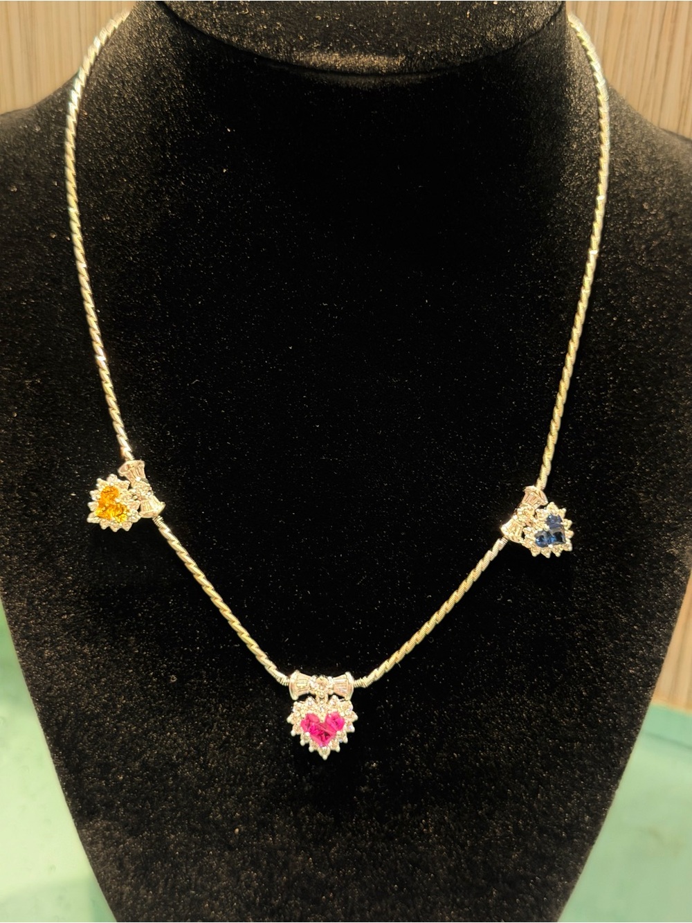 14k Gold Triple Heart Necklace with Natural Diamonds and Saphire, Ruby & Topaz